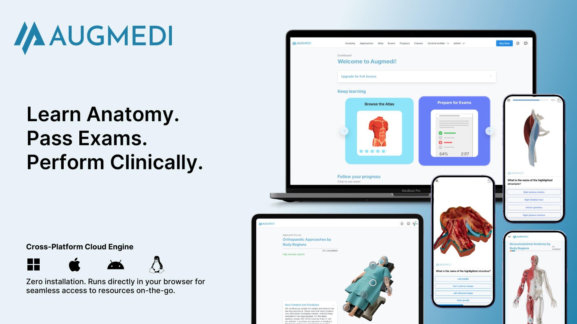 Das AUGMEDI-Logo und die Oberfläche der Website werden auf verschiedenen Geräten angezeigt. Der Text lautet: Anatomie lernen. Examen bestehen. Klinisch arbeiten. Plattformübergreifende Cloud-Engine mit nahtlosem Browser-Zugang. Anatomische Modelle werden auf dem Bildschirm angezeigt.