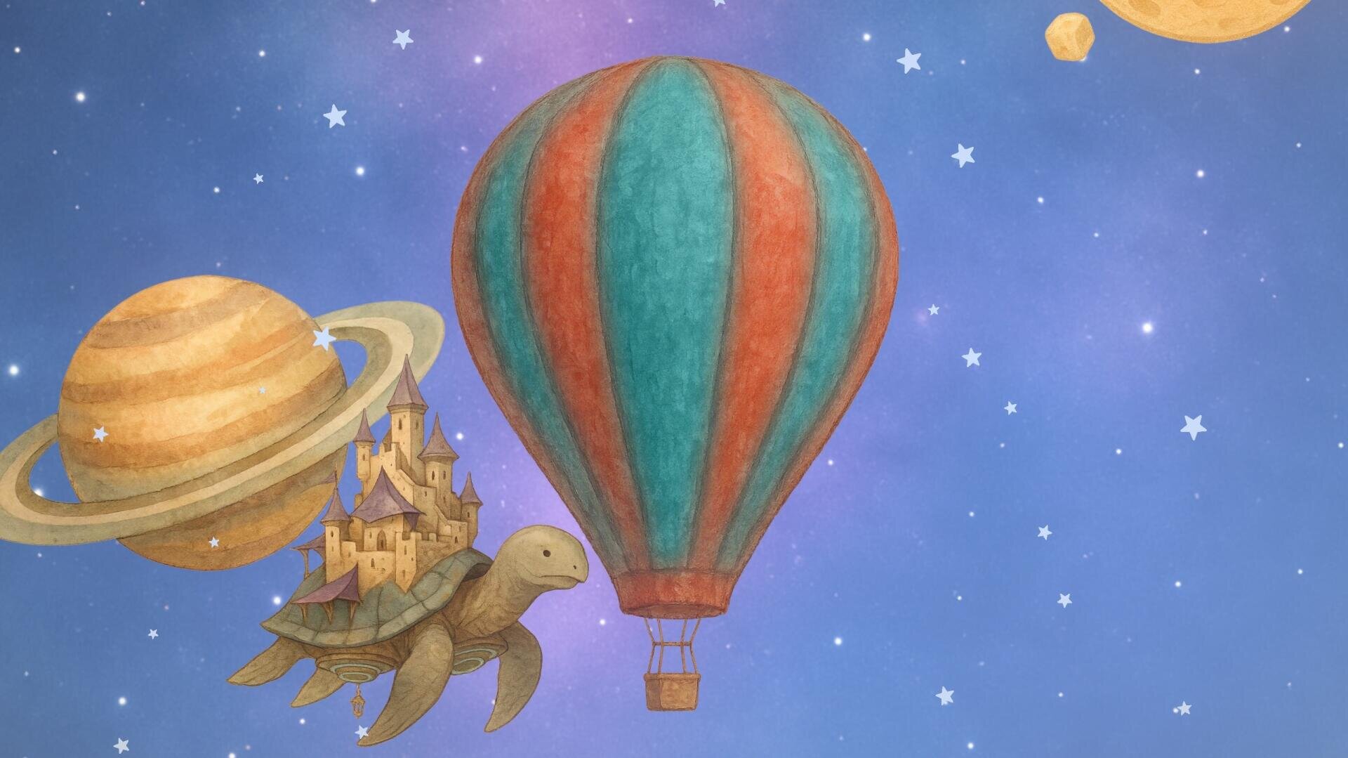 Eine skurrile Szene mit einem gestreiften Heißluftballon und einer Schildkröte, die ein Schloss auf ihrem Rücken trägt und in einem Sternenhimmel mit Planeten schwebt. Der Hintergrund hat einen verträumten blau-lila Farbverlauf.