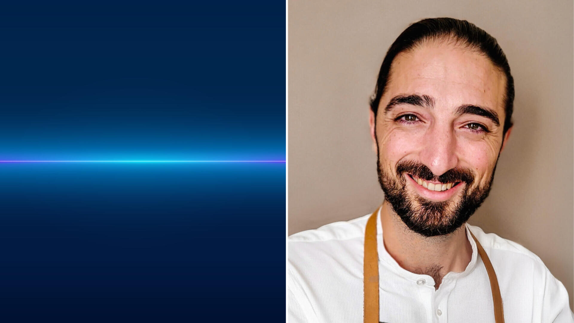 Ein geteiltes Bild: links eine digitale blaue und violette leuchtende Linie auf dunklem Hintergrund; rechts ein lächelnder Mann mit zurückgebundenem dunklem Haar, Bart und Schnurrbart, der ein weißes Hemd und einen braunen Gurt trägt.