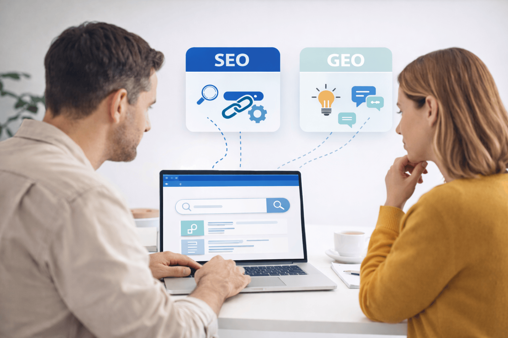 Zwei Personen sitzen an einem Schreibtisch vor einem Laptop. Auf dem Bildschirm ist eine Suchmaschine zu sehen. Schwebende Grafiken mit den Begriffen SEO und GEO sowie passenden Symbolen zeigen, dass sie über Suchmaschinenoptimierung und Geotargeting sprechen.