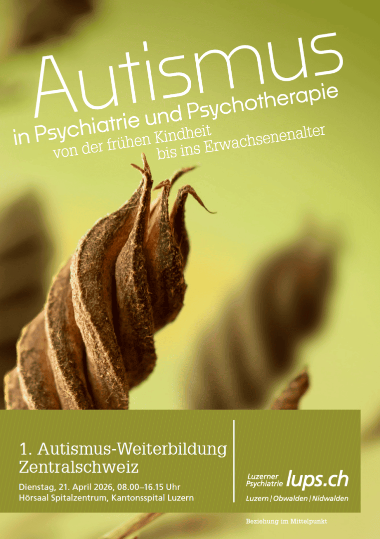 Ein gekräuseltes, braunes Herbstblatt vor grünem, unscharfem Hintergrund, mit einem Text, der für eine Autismus-Ausbildungsveranstaltung in Psychiatrie und Psychotherapie in der Schweiz wirbt, die für den 21. April 2026 geplant ist.