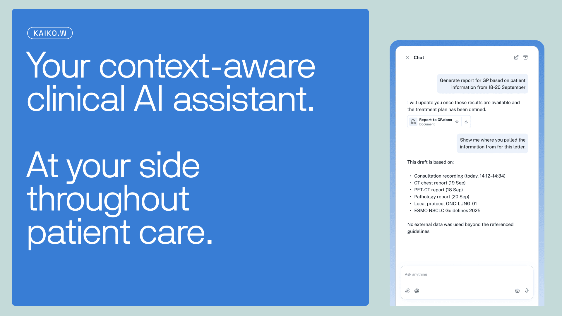Ein Werbebild zeigt Text: Ihr kontextbezogener klinischer KI-Assistent. Während der gesamten Patientenversorgung an Ihrer Seite. Daneben ist ein Smartphone zu sehen, das einen Chat mit einer KI über die Erstellung eines Patientenberichts anzeigt.