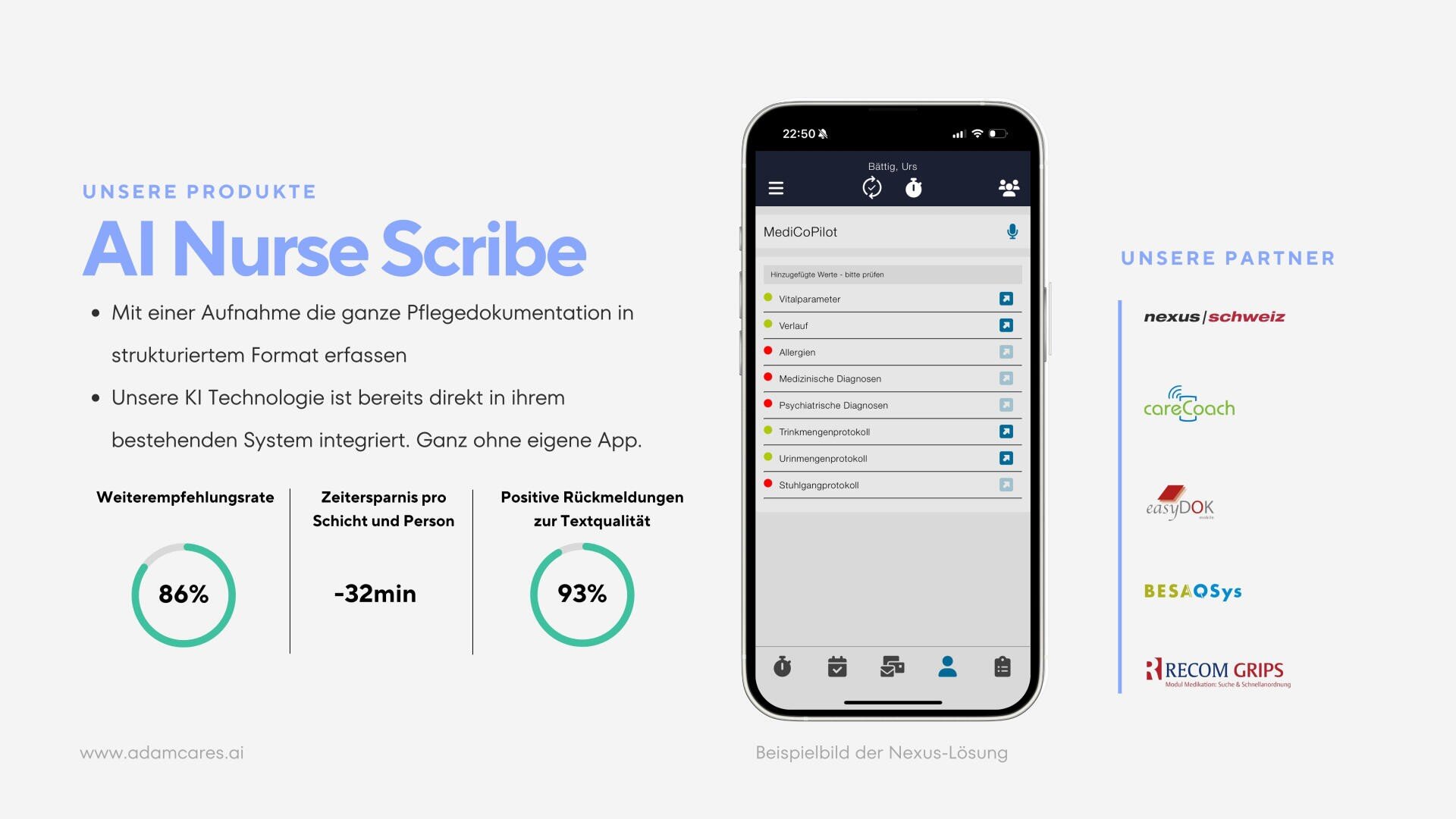 Eine Werbegrafik für AI Nurse Scribe zeigt ein Telefon mit einer medizinischen App, Produktmerkmale und Statistiken auf der linken Seite und eine Liste von Partnerlogos auf der rechten Seite. Die Texte sind in Deutsch mit blauen und grauen Akzenten.