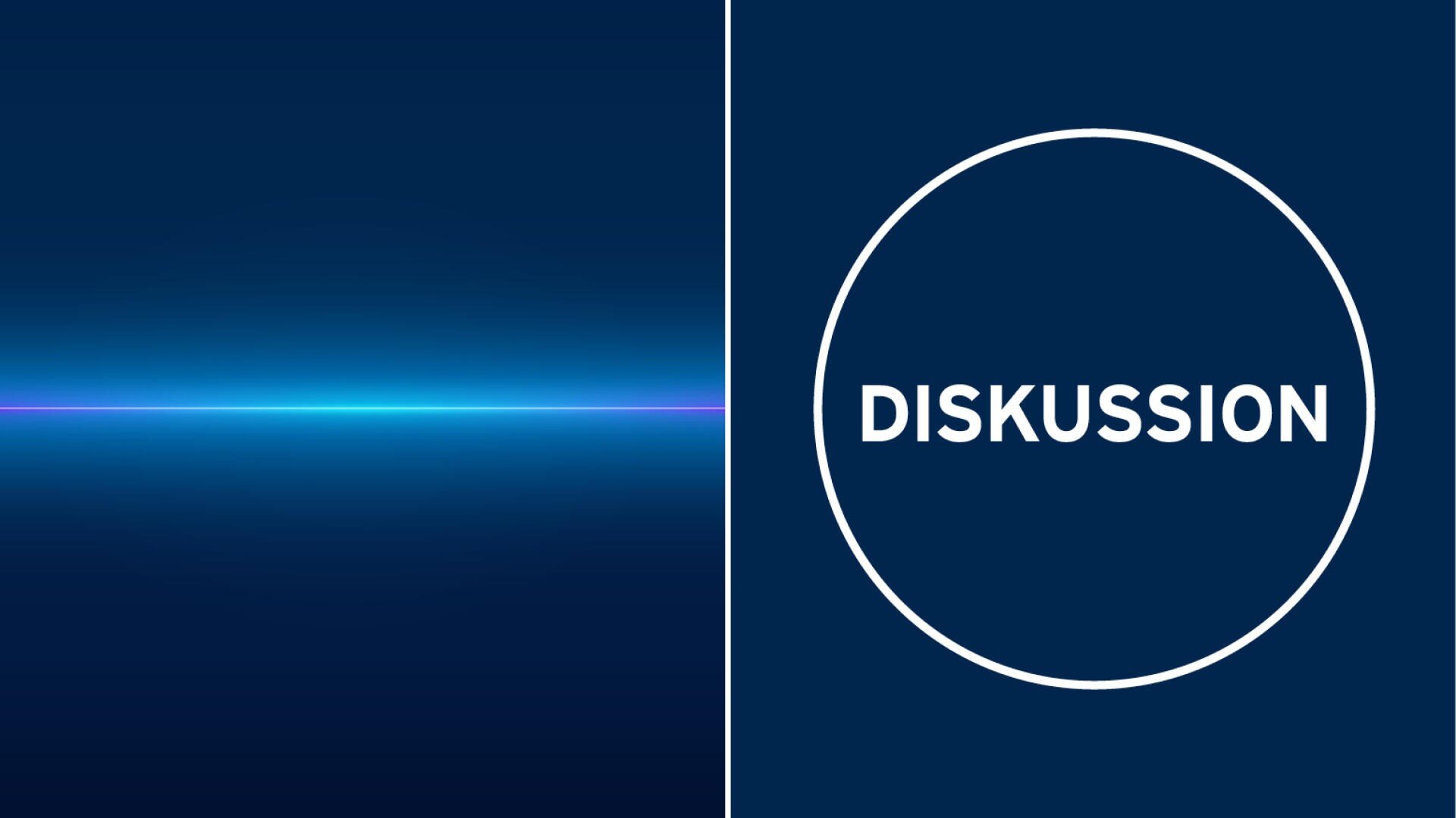 Geteiltes Bild: Die linke Seite zeigt eine blau und lila leuchtende horizontale Linie auf dunkelblauem Hintergrund. Auf der rechten Seite steht das Wort "DISKUSSION" in weißer Schrift, zentriert in einem weißen Kreis auf dunkelblauem Hintergrund.