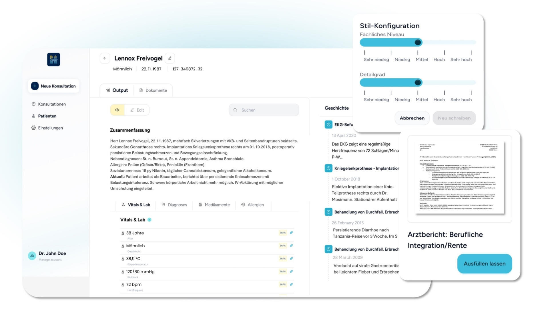 Digitales medizinisches Dashboard mit Patientendaten, Zusammenfassung, Verlauf und einem Abschnitt für die Eingabe eines "Arbeitsberichts" zur Integration/Rente. Enthält ein Seitenleistenmenü und ein Stilkonfigurations-Popup für sachliche und detaillierte Texte.
