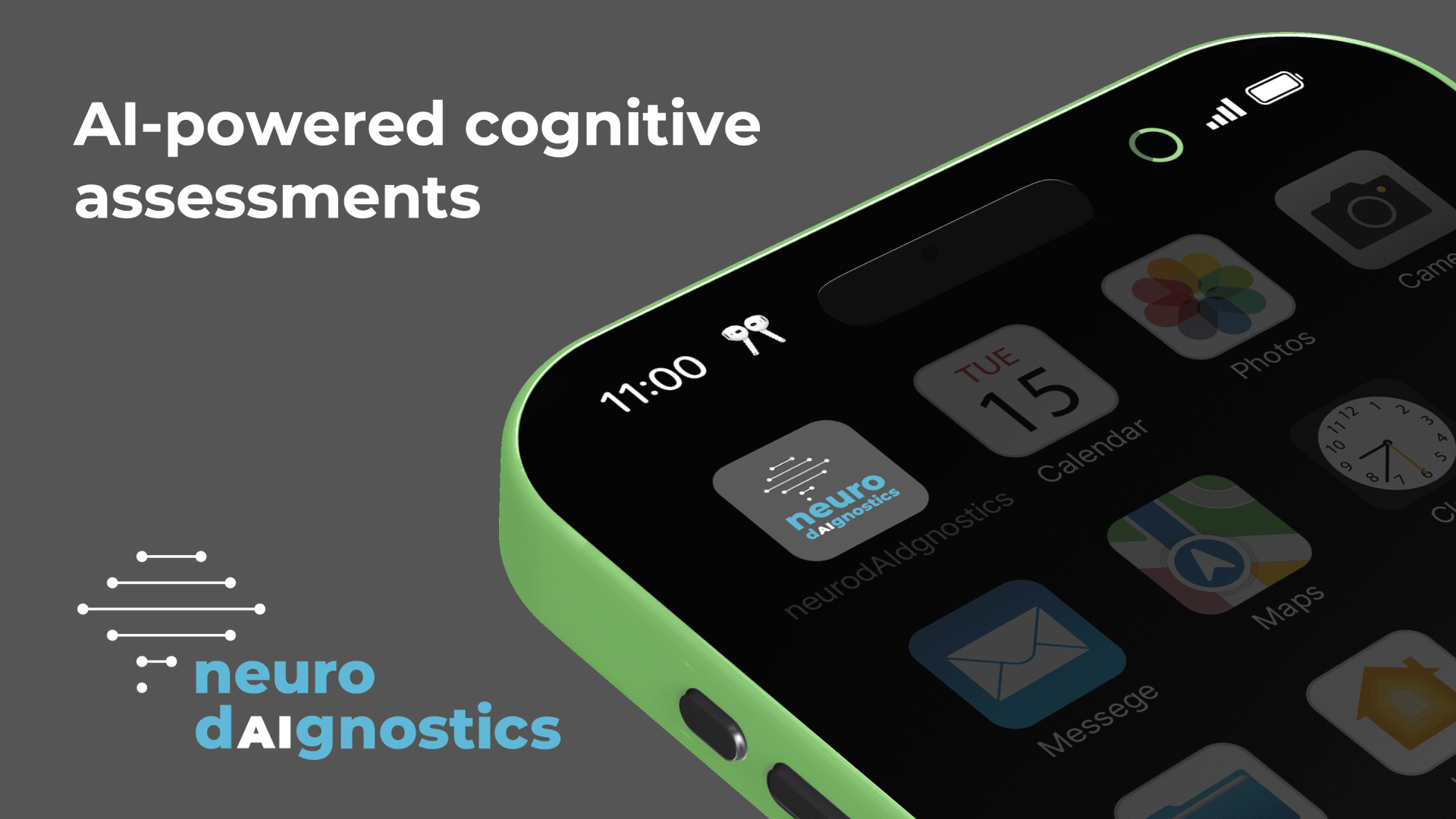 Ein Smartphone mit einem grünen Rahmen zeigt verschiedene App-Symbole an. Auf dem grauen Hintergrund erscheinen KI-gestützte kognitive Bewertungen und das Logo von Neurodiagnostics. Die Uhrzeit auf dem Telefon zeigt 11:00 Uhr, und das Datum ist Dienstag, der 15.