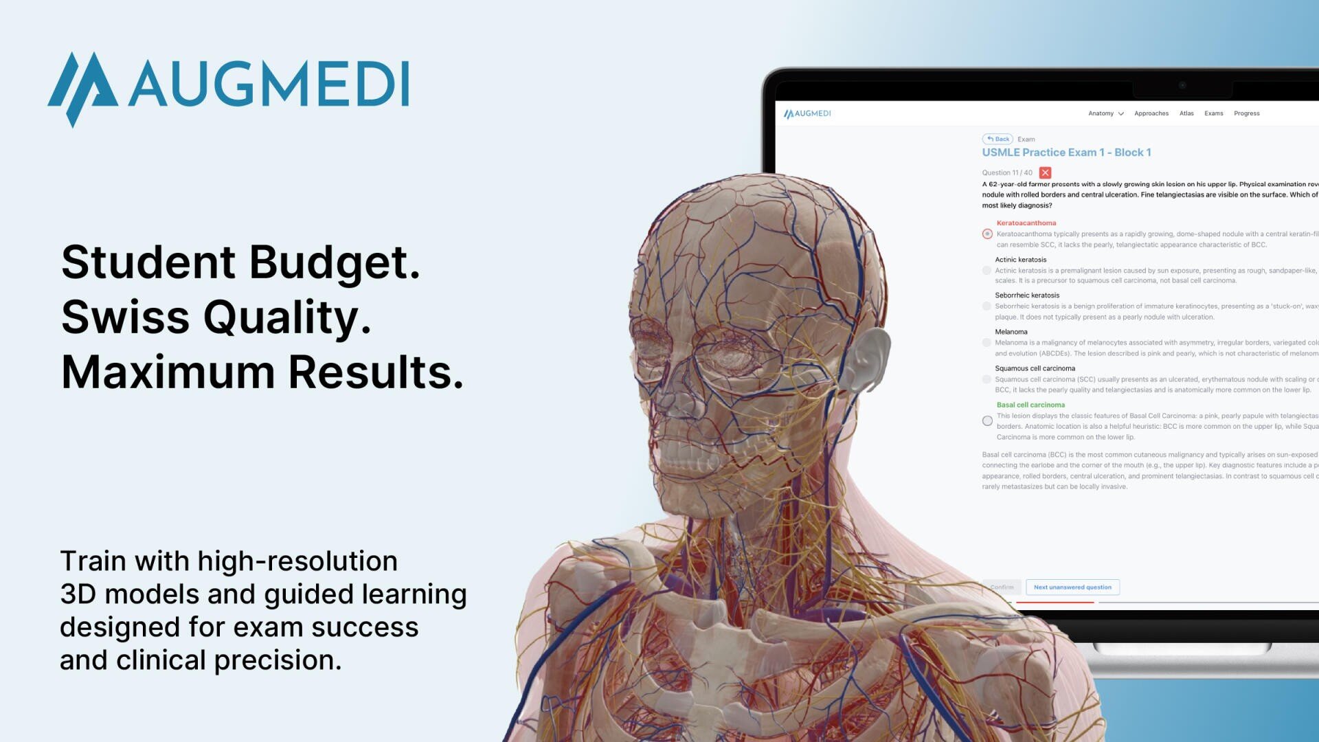 AUGMEDI-Logo, ein realistisches anatomisches 3D-Modell mit sichtbaren Venen und Muskeln und ein Laptop-Bildschirm, der eine medizinische Untersuchungsoberfläche anzeigt. Der Text lautet: Studentisches Budget. Schweizer Qualität. Maximale Ergebnisse.