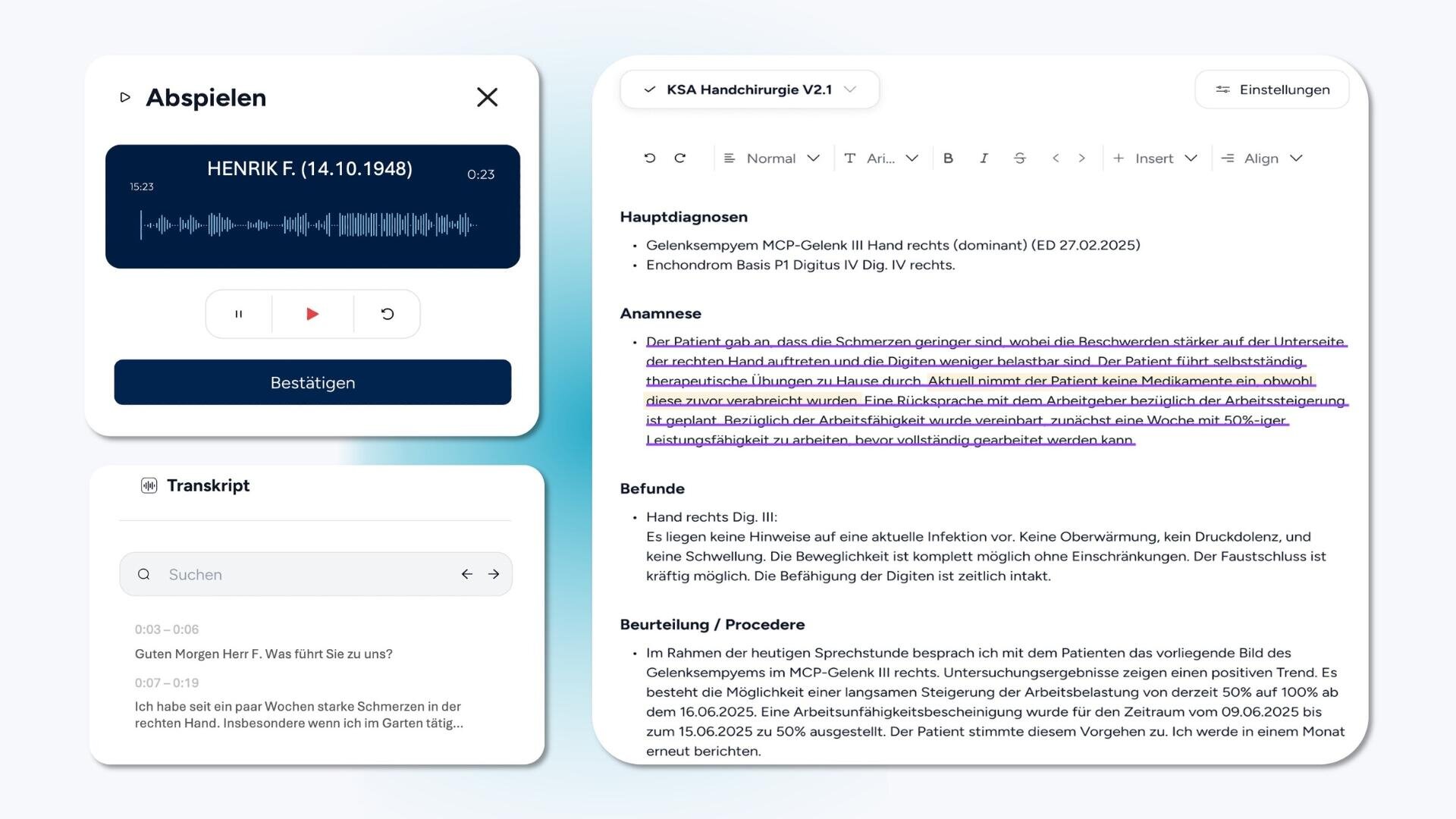 Eine digitale medizinische Schnittstelle zeigt einen Audioplayer mit der Bezeichnung "Abspeichern", ein Transkript und einen medizinischen Bericht mit hervorgehobenem Text an. Die Schnittstelle enthält Abschnitte für die Wiedergabe, die Suche und die Patienteninformation in deutscher Sprache.