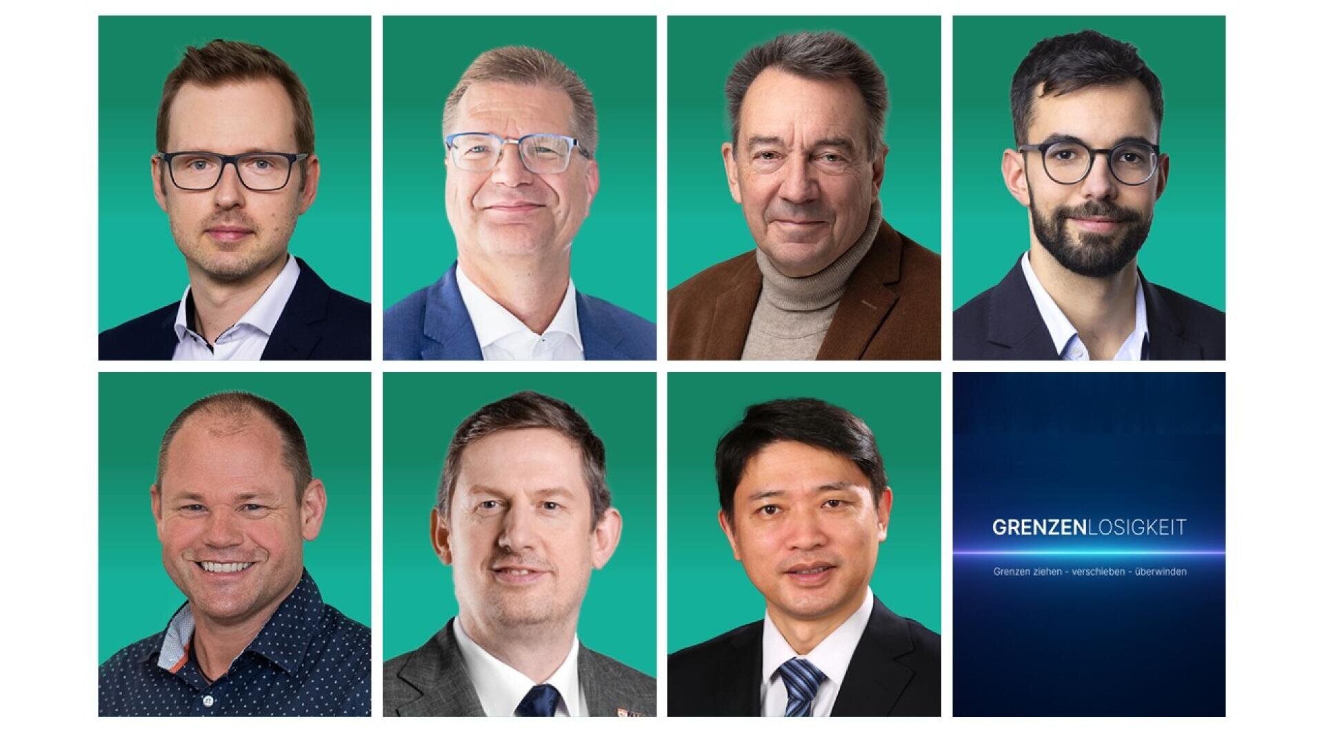 Ein Raster von sieben Männern in Geschäftskleidung, jeder in einem separaten Porträt vor einem blaugrünen Hintergrund. Die achte Tafel zeigt das Wort GRENZENLOSIGKEIT mit kleinerem Text darunter, alles auf dunkelblauem Hintergrund.