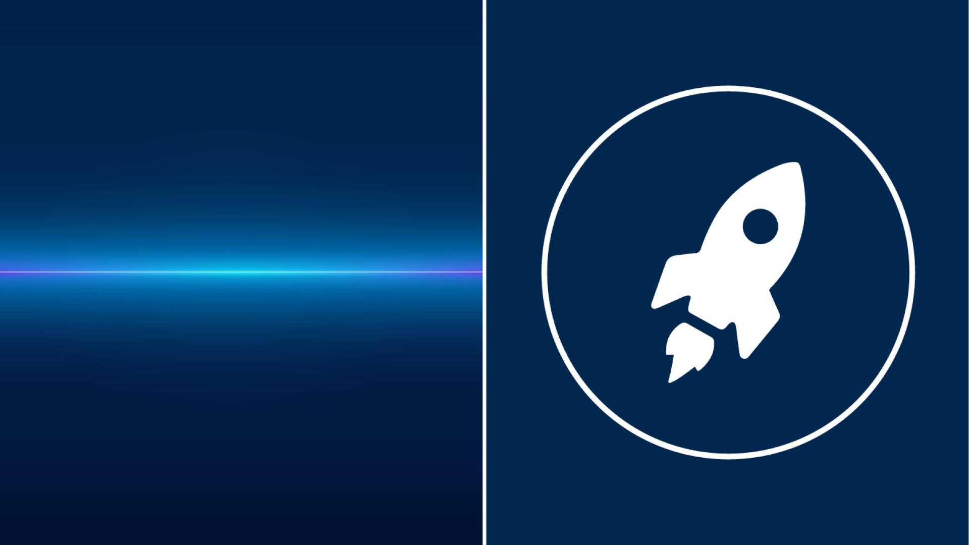 Ein geteiltes Bild: die linke Seite zeigt eine blau und lila leuchtende horizontale Linie auf dunklem Hintergrund; die rechte Seite zeigt ein weißes Raketensymbol in einem Kreis auf dunkelblauem Hintergrund.