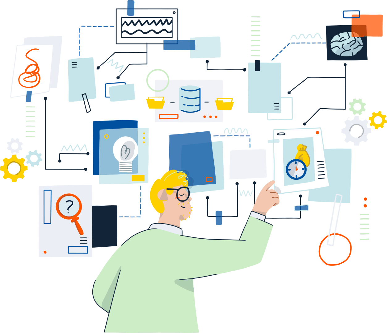 Illustration einer Person mit Brille, die mit einer digitalen Schnittstelle interagiert, auf der Diagramme, Dokumente, Zahnräder, ein Gehirnscan und miteinander verbundene Symbole angezeigt werden, die Analyse, Forschung und Datenverarbeitung darstellen.
