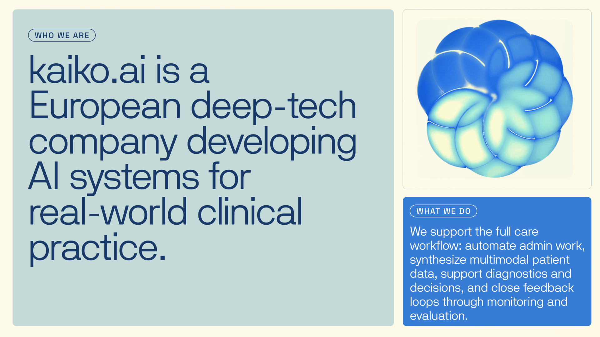 Ein Abschnitt der Website von kaiko.ai beschreibt das Unternehmen als ein europäisches Deep-Tech-Unternehmen, das KI für die klinische Praxis entwickelt. Die Seite enthält blauen Text, eine blaue abstrakte Form und Angaben zur Unterstützung von Arbeitsabläufen im Gesundheitswesen.
