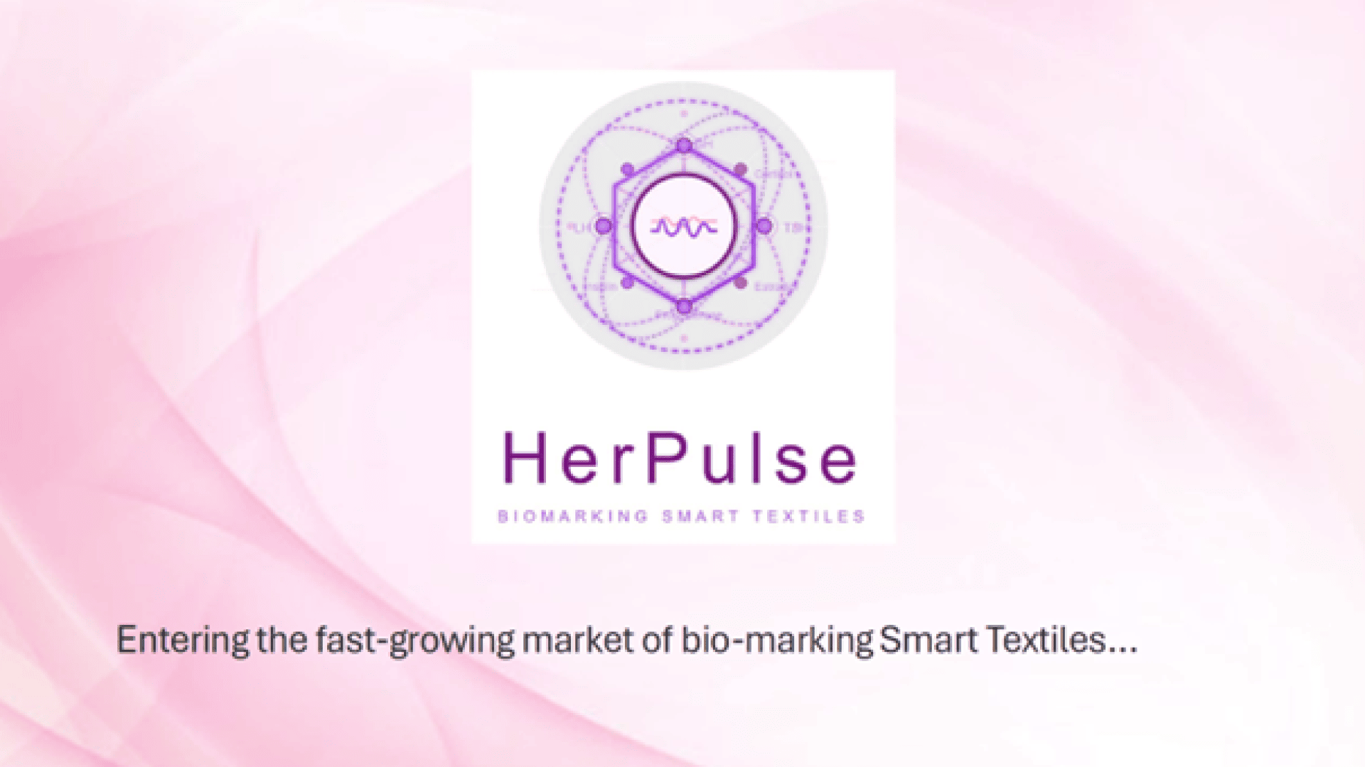 HerPulse-Logo mit einem stilisierten Herz und einem Kreislauf über dem Text HerPulse Biomarking Smart Textiles auf einem rosa gewirbelten Hintergrund. Bildunterschrift: Der Einstieg in den schnell wachsenden Markt der Biomarking Smart Textiles...