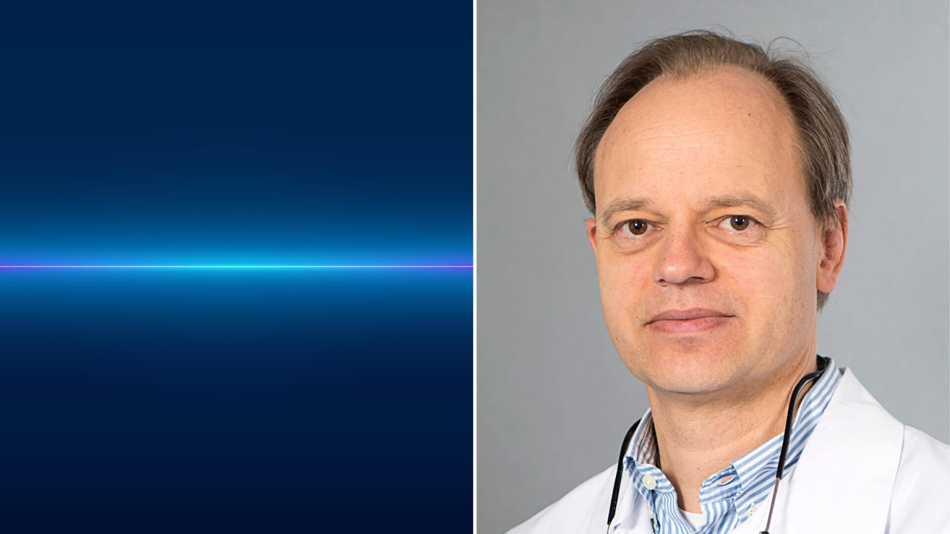Ein geteiltes Bild: links eine leuchtend blaue horizontale Linie auf einem dunklen Hintergrund mit Farbverlauf; rechts ein Mann mittleren Alters mit heller Haut, kurzen braunen Haaren, einem weißen Mantel und einem hellblauen Hemd, der in die Kamera blickt.