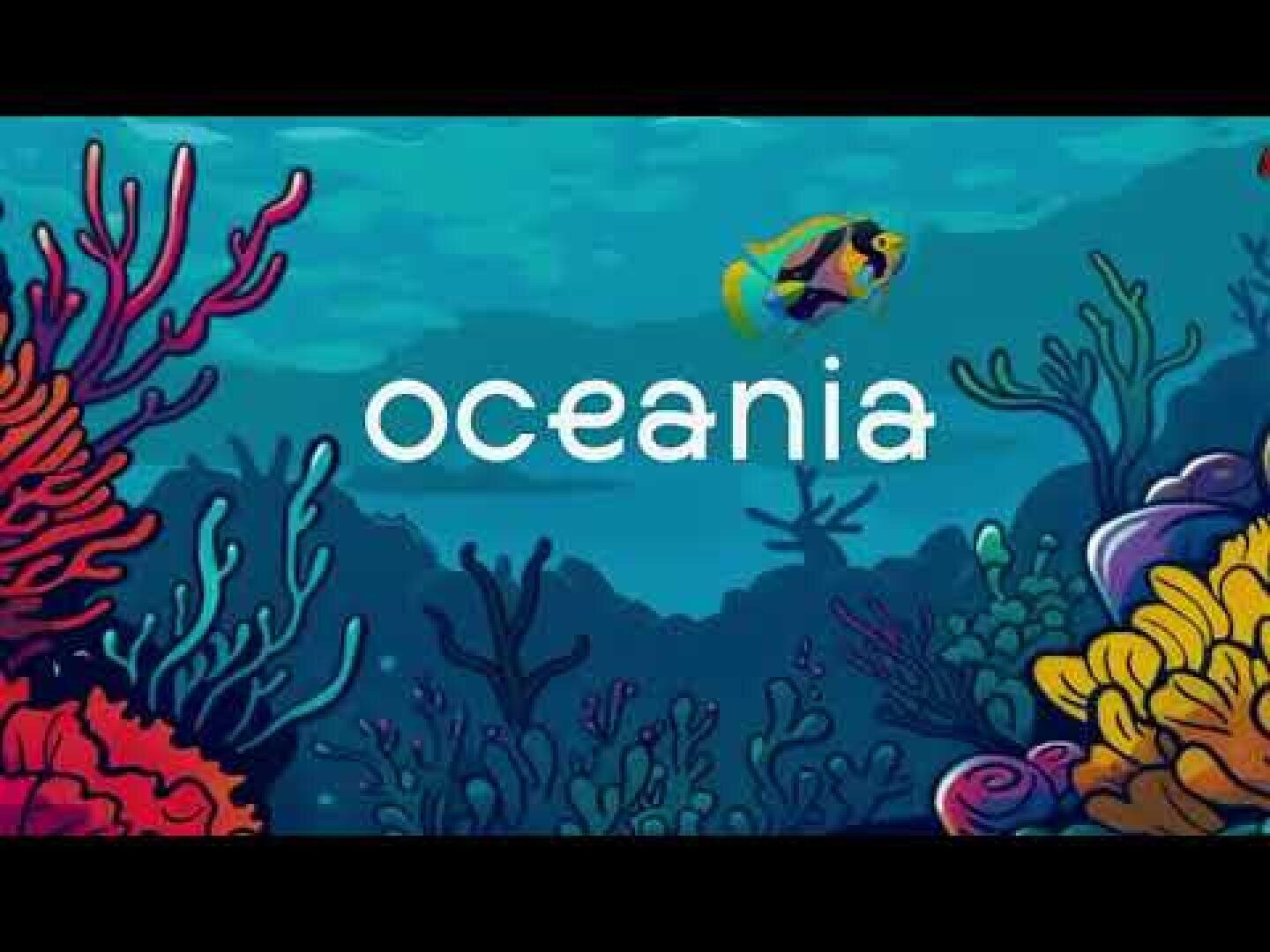 Illustrierte Unterwasserszene mit bunten Korallen und einem tropischen Fisch. Das Wort oceania ist in weißen Buchstaben vor einem blauen Ozean Hintergrund zentriert.