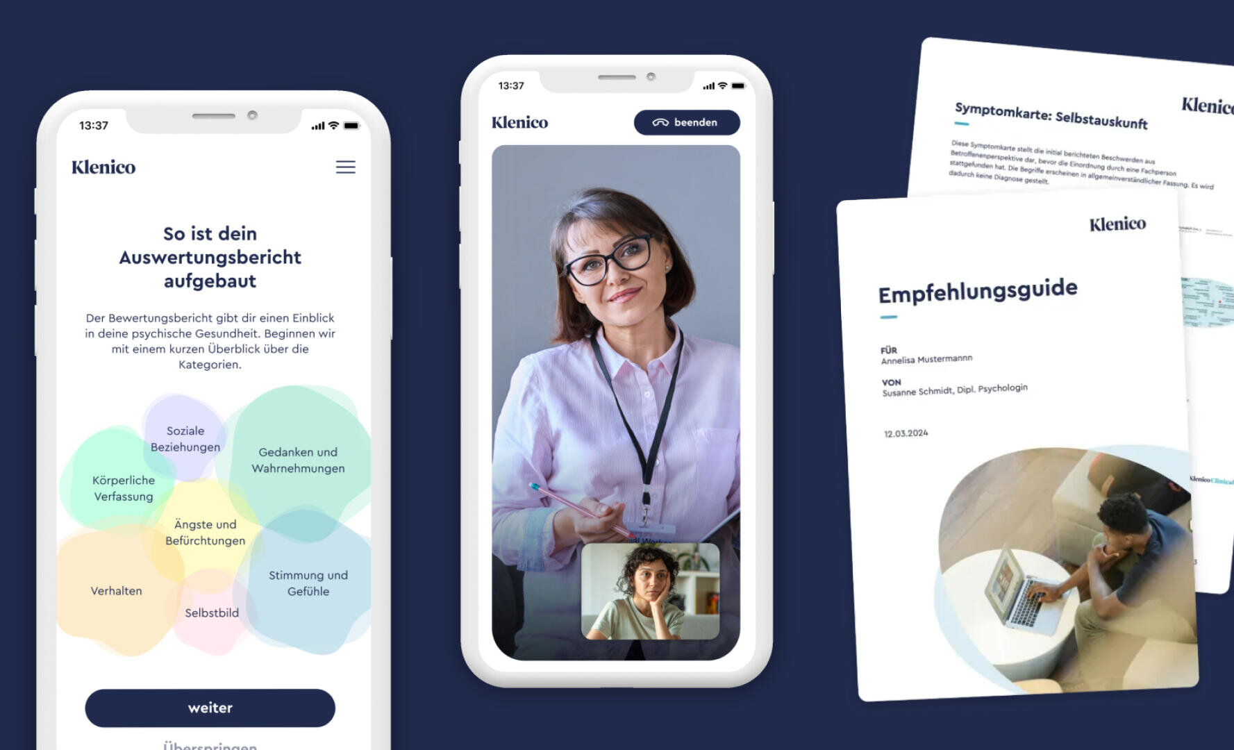 Drei digitale Bildschirme zeigen eine App zur psychischen Gesundheit: einen Bewertungsbericht auf einem Smartphone, ein Videogespräch zwischen zwei Frauen auf einem anderen Telefon und zwei herunterladbare PDF-Leitfäden mit Empfehlungen zur psychischen Gesundheit.