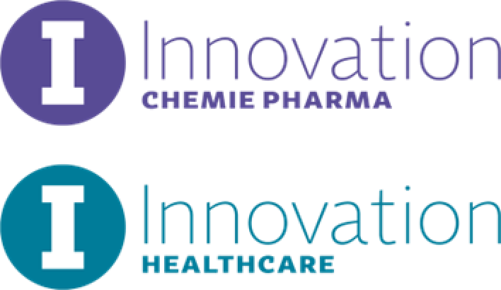 Zwei Logos zeigen jeweils ein großes I in einem Kreis. Das obere Logo ist lila und bedeutet Innovation CHEMIE PHARMA. Das untere Logo ist blaugrün und bedeutet Innovation HEALTHCARE.