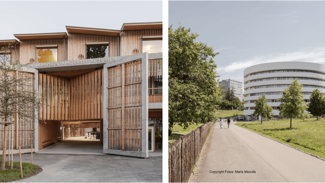 Ein geteiltes Bild zeigt links ein modernes Holzgebäude mit vertikalen Lamellen, das mit Universitäts-Kinderspital Zürich beschriftet ist, und rechts ein geschwungenes weißes Krankenhausgebäude, das von Grün umgeben ist.